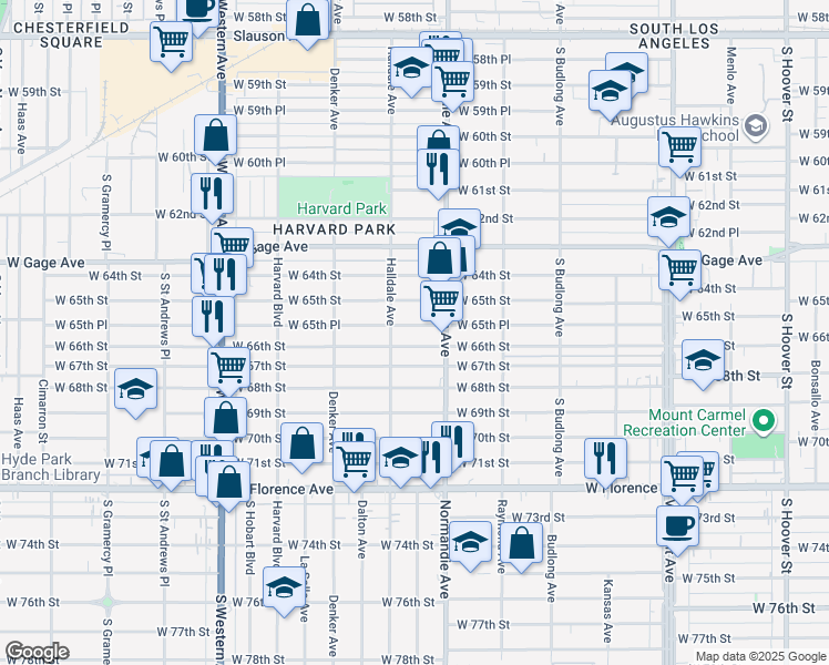 map of restaurants, bars, coffee shops, grocery stores, and more near 1451 West 66th Street in Los Angeles
