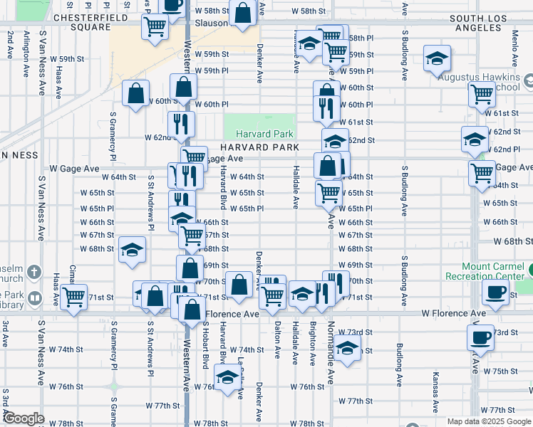 map of restaurants, bars, coffee shops, grocery stores, and more near 1534 West 65th Place in Los Angeles