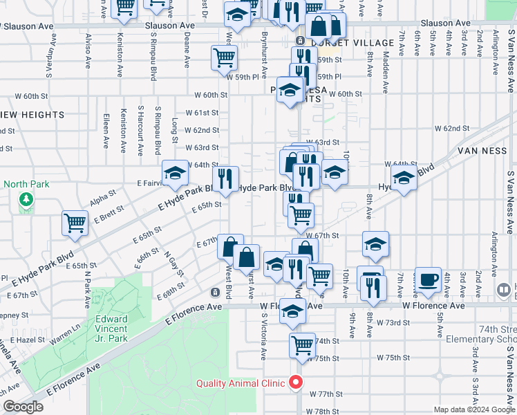 map of restaurants, bars, coffee shops, grocery stores, and more near 6532 Brynhurst Avenue in Los Angeles