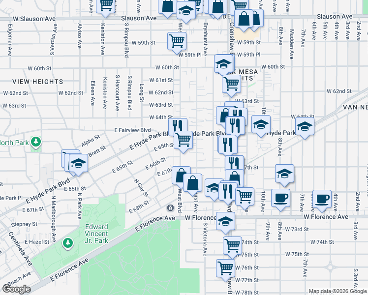 map of restaurants, bars, coffee shops, grocery stores, and more near 6558 West Boulevard in Los Angeles