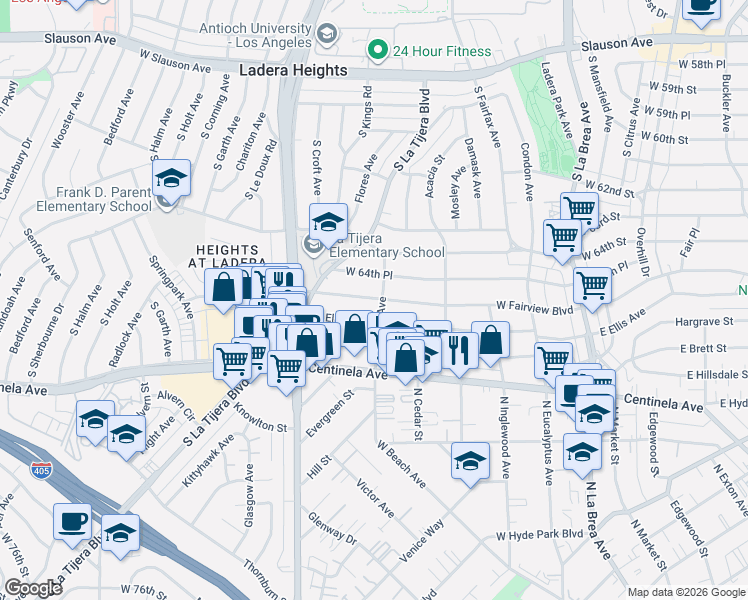 map of restaurants, bars, coffee shops, grocery stores, and more near 454 West Fairview Boulevard in Inglewood