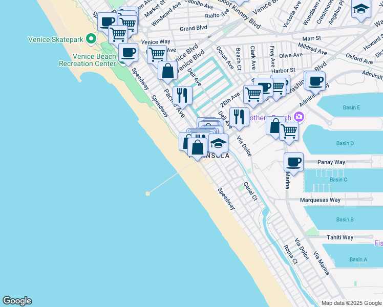 map of restaurants, bars, coffee shops, grocery stores, and more near 3007 Ocean Front Walk in Los Angeles