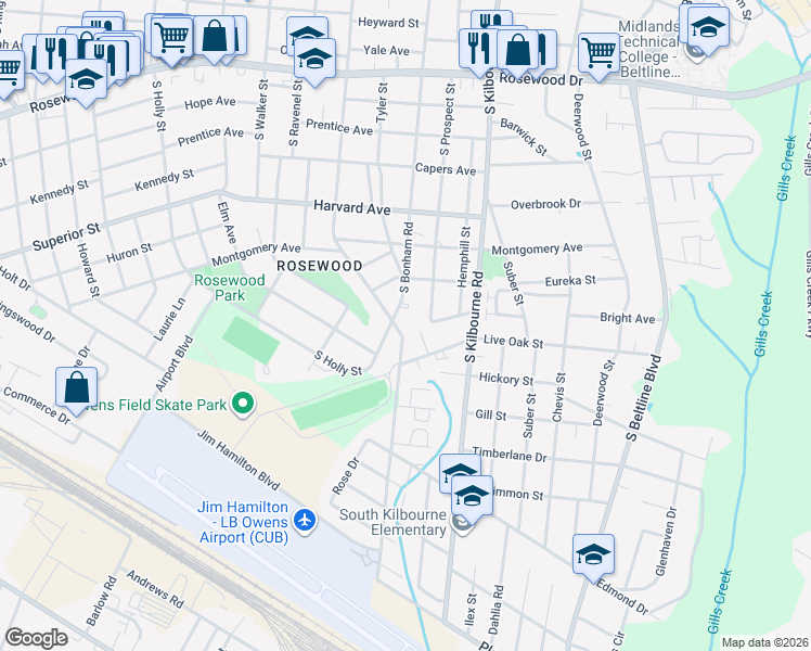 map of restaurants, bars, coffee shops, grocery stores, and more near 900 South Bonham Road in Columbia
