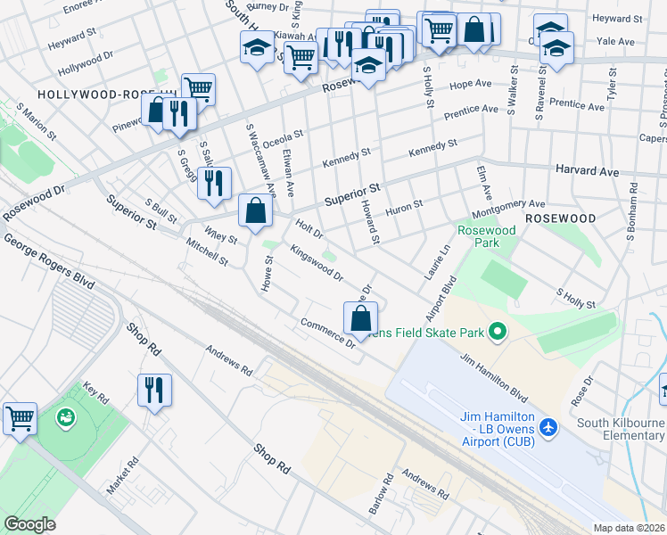 map of restaurants, bars, coffee shops, grocery stores, and more near 2703 Kingswood Drive in Columbia