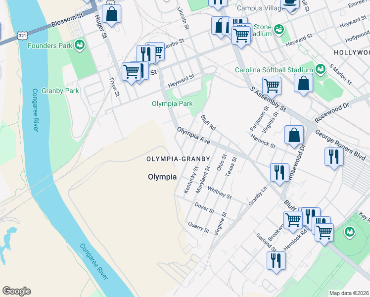 map of restaurants, bars, coffee shops, grocery stores, and more near 525 Georgia Street in Columbia