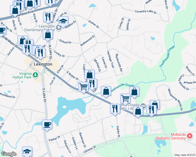 map of restaurants, bars, coffee shops, grocery stores, and more near 107 Cherry Hall Drive in Lexington