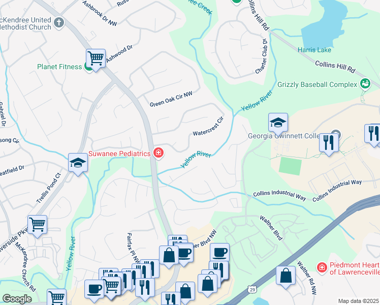 map of restaurants, bars, coffee shops, grocery stores, and more near 1425 Watercrest Circle in Lawrenceville