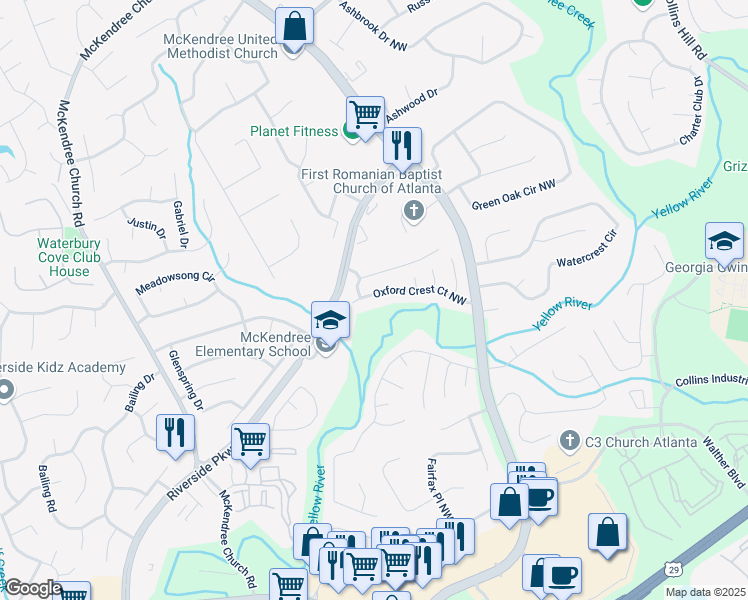 map of restaurants, bars, coffee shops, grocery stores, and more near 660 Oxford Crest Court Northwest in Lawrenceville