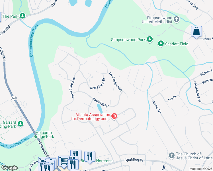 map of restaurants, bars, coffee shops, grocery stores, and more near 6040 Neely Farm Drive in Norcross