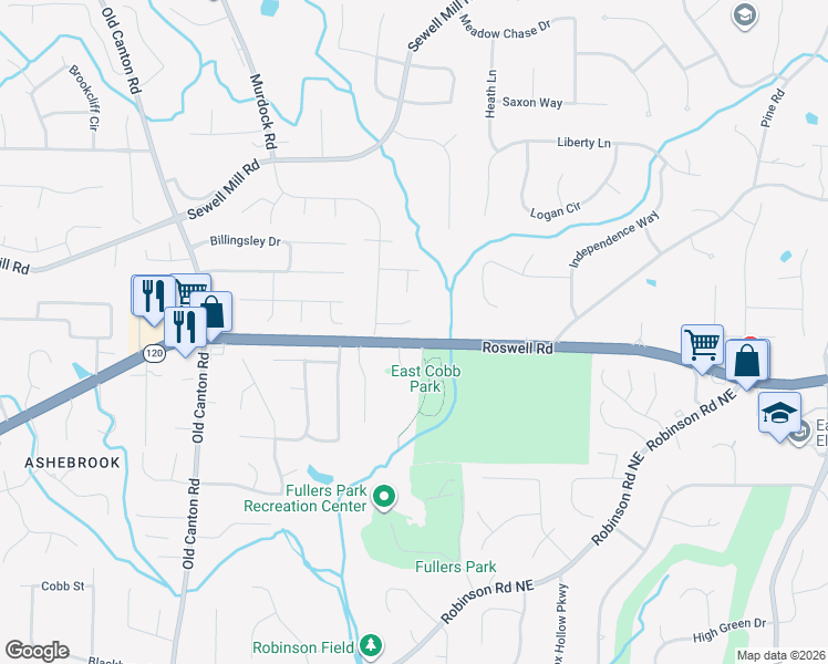 map of restaurants, bars, coffee shops, grocery stores, and more near 3376 Preakness Court in Marietta