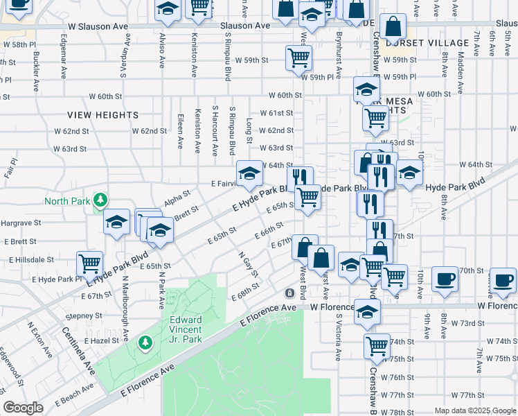 map of restaurants, bars, coffee shops, grocery stores, and more near 1008 North Long Street in Inglewood