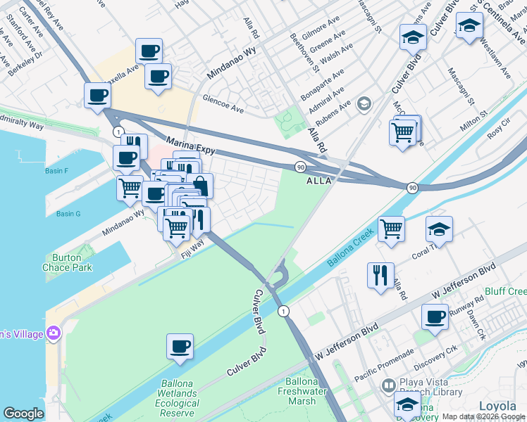 map of restaurants, bars, coffee shops, grocery stores, and more near 13214 Fiji Way in Marina del Rey