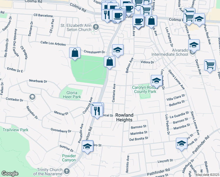 map of restaurants, bars, coffee shops, grocery stores, and more near 18220 Galatina Street in La Puente