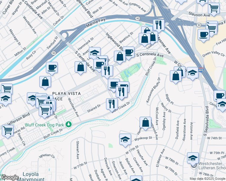 map of restaurants, bars, coffee shops, grocery stores, and more near 12760 West Millennium in Los Angeles