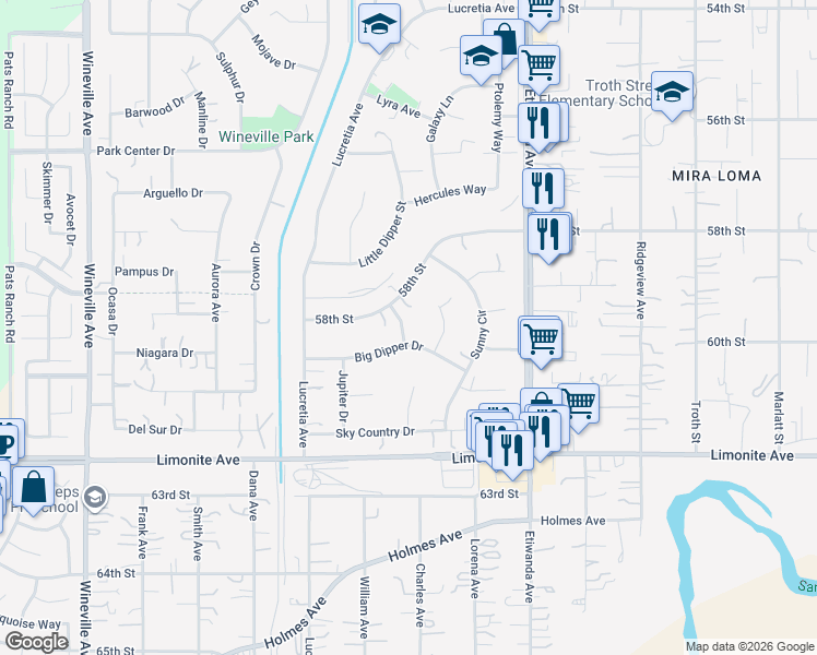 map of restaurants, bars, coffee shops, grocery stores, and more near 6012 Earth Street in Jurupa Valley