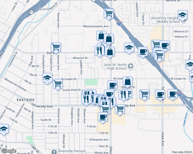 map of restaurants, bars, coffee shops, grocery stores, and more near 3486 Anderson Avenue in Riverside