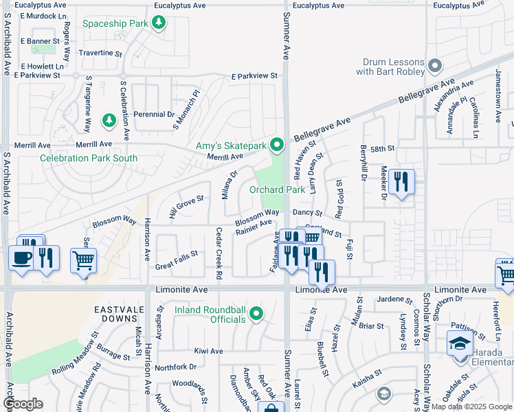 map of restaurants, bars, coffee shops, grocery stores, and more near 6004 Golden Nectar Court in Corona