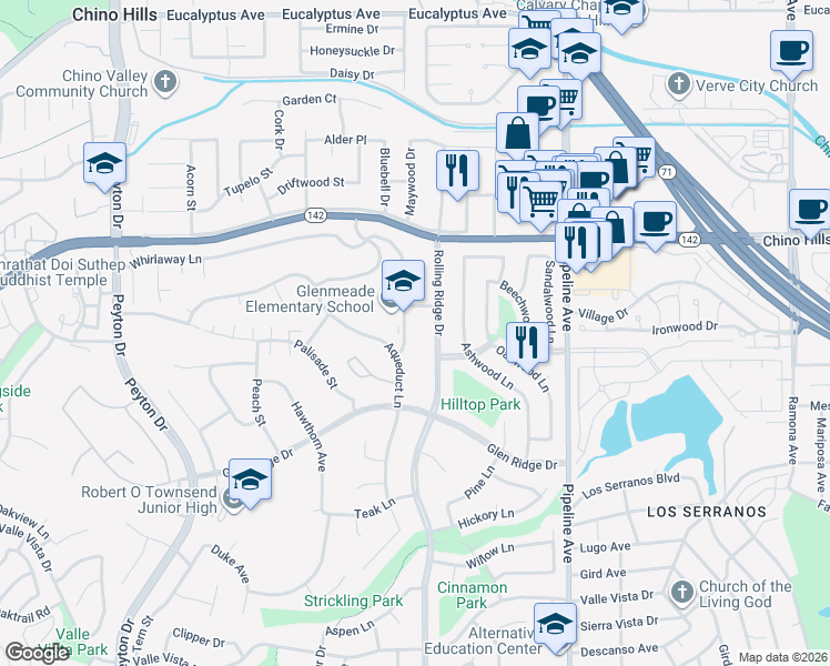 map of restaurants, bars, coffee shops, grocery stores, and more near 3854 Whirlaway Lane in Chino Hills