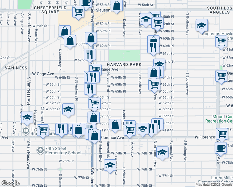 map of restaurants, bars, coffee shops, grocery stores, and more near 1610 West 65th Place in Los Angeles