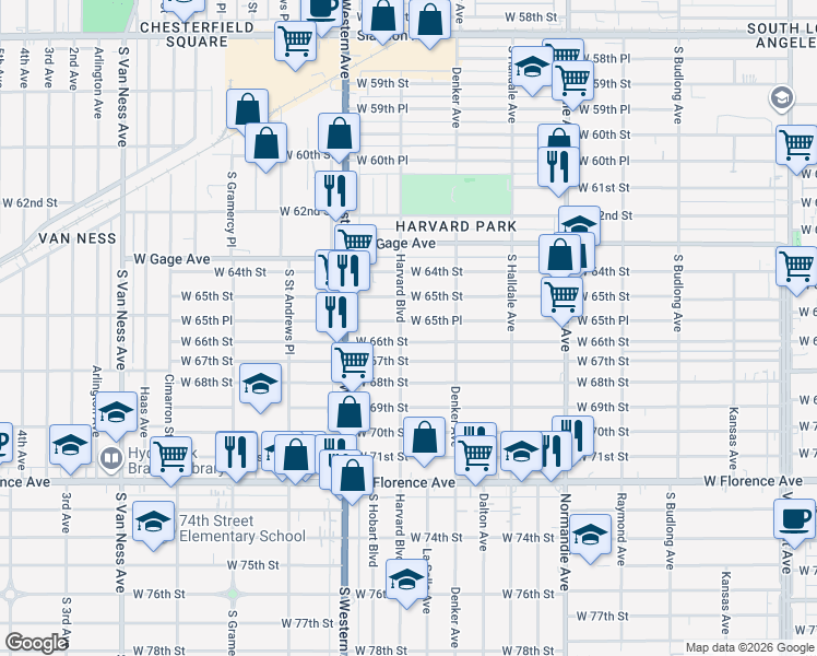 map of restaurants, bars, coffee shops, grocery stores, and more near 1655 West 66th Street in Los Angeles