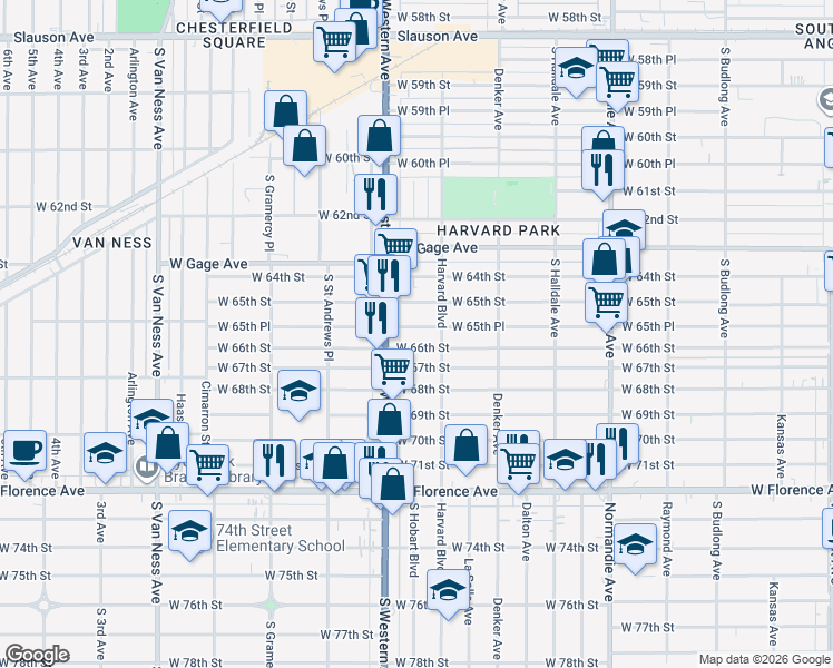 map of restaurants, bars, coffee shops, grocery stores, and more near 1732 West 65th Place in Los Angeles