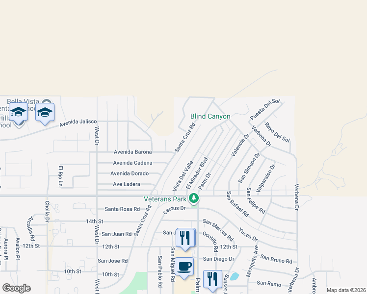 map of restaurants, bars, coffee shops, grocery stores, and more near 9577 Vista Del Valle in Desert Hot Springs