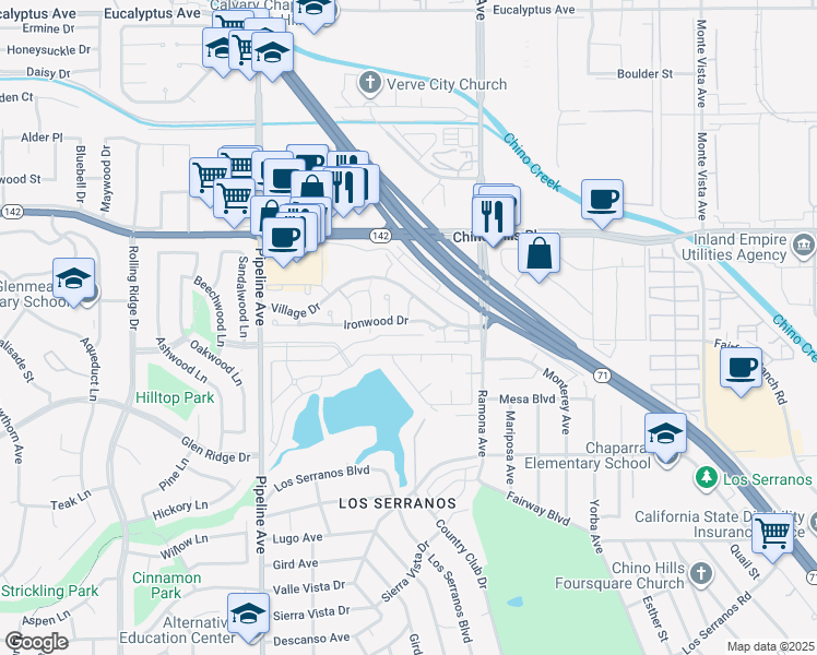 map of restaurants, bars, coffee shops, grocery stores, and more near 4367 Ironwood Drive in Chino Hills