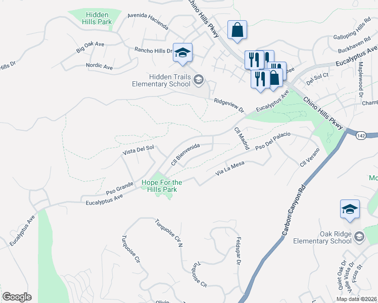 map of restaurants, bars, coffee shops, grocery stores, and more near 2275 Calle Bienvenida in Chino Hills