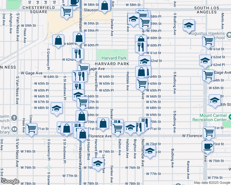 map of restaurants, bars, coffee shops, grocery stores, and more near 1534 West 65th Place in Los Angeles