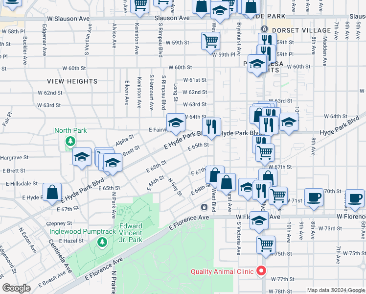 map of restaurants, bars, coffee shops, grocery stores, and more near 1008 North Long Street in Inglewood