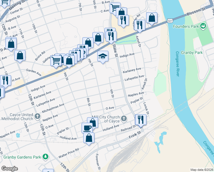 map of restaurants, bars, coffee shops, grocery stores, and more near 609 Lafayette Avenue in Cayce