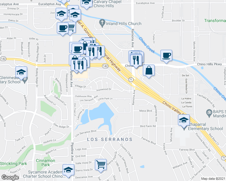 map of restaurants, bars, coffee shops, grocery stores, and more near 4367 Ironwood Drive in Chino Hills