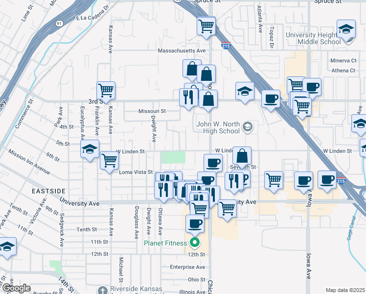 map of restaurants, bars, coffee shops, grocery stores, and more near 3486 Anderson Avenue in Riverside