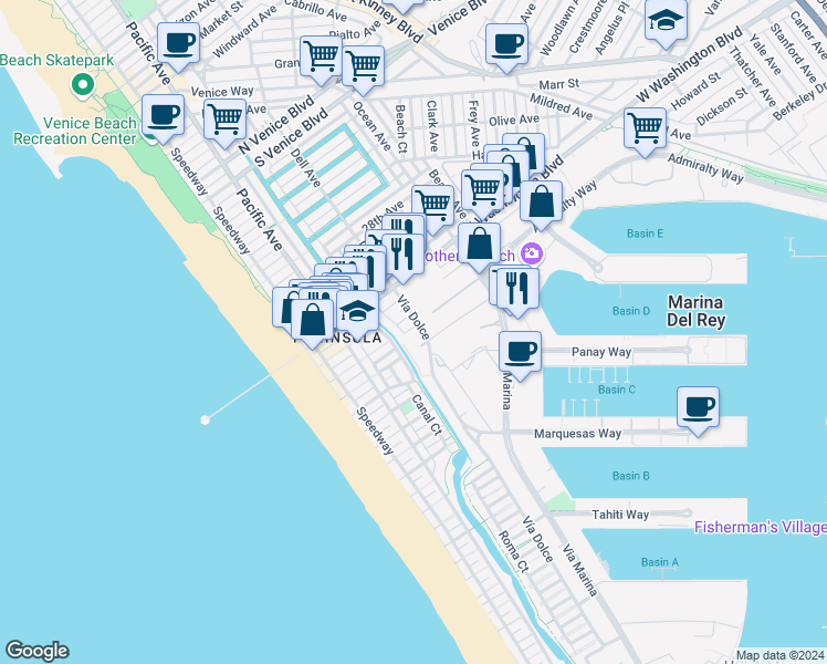 map of restaurants, bars, coffee shops, grocery stores, and more near 310 Washington Boulevard in Marina del Rey