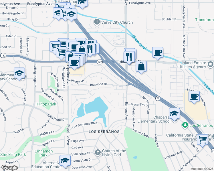 map of restaurants, bars, coffee shops, grocery stores, and more near 4355 Ironwood Drive in Chino Hills