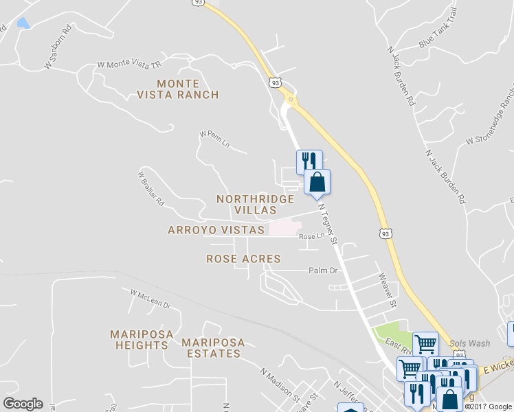 map of restaurants, bars, coffee shops, grocery stores, and more near 9 Northridge Circle in Wickenburg