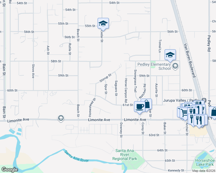 map of restaurants, bars, coffee shops, grocery stores, and more near 5978 Spur Street in Riverside