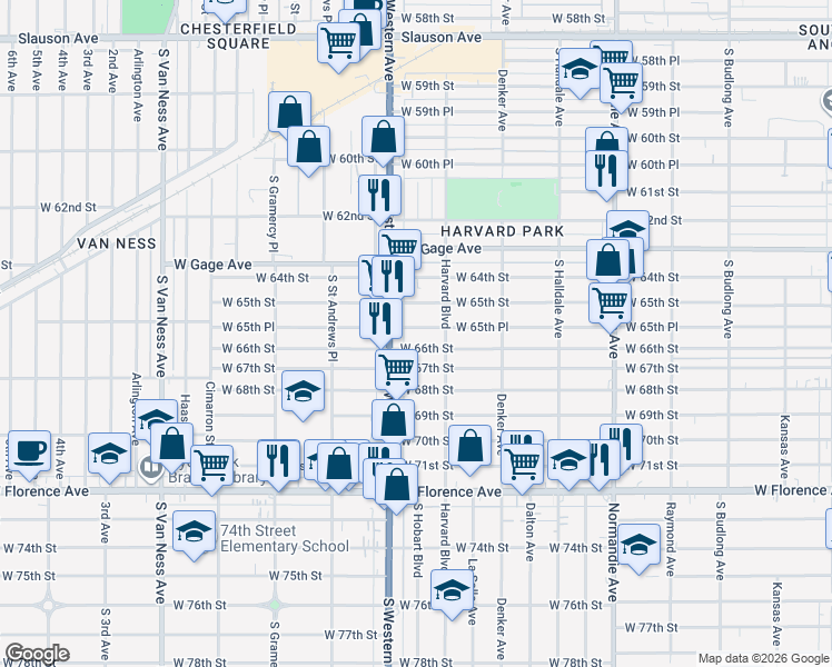 map of restaurants, bars, coffee shops, grocery stores, and more near 1732 West 65th Place in Los Angeles