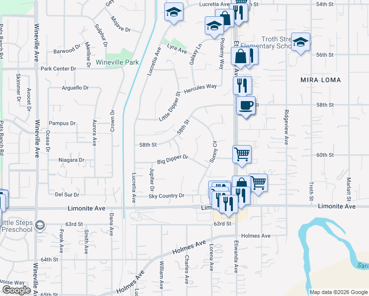 map of restaurants, bars, coffee shops, grocery stores, and more near 6012 Earth Street in Jurupa Valley