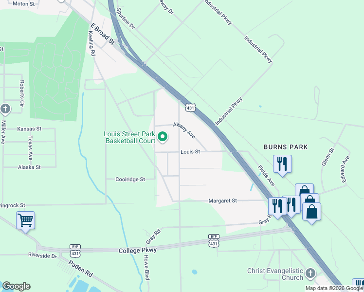 map of restaurants, bars, coffee shops, grocery stores, and more near 257 Louis Street in Gadsden