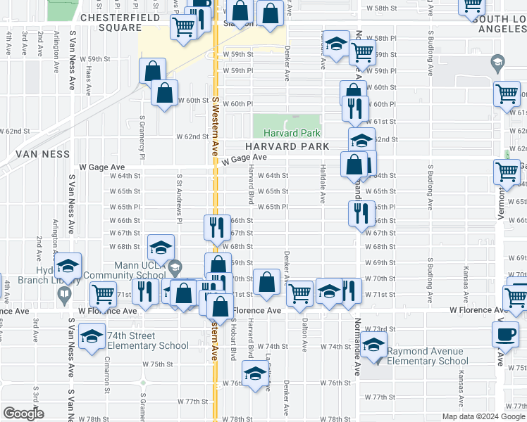 map of restaurants, bars, coffee shops, grocery stores, and more near 1642 West 65th Place in Los Angeles