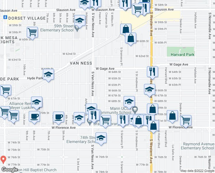 map of restaurants, bars, coffee shops, grocery stores, and more near 2064 West 65th Place in Los Angeles