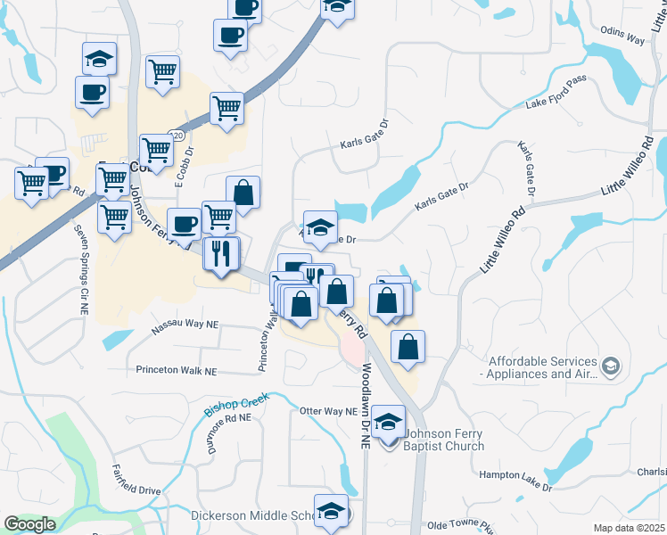 map of restaurants, bars, coffee shops, grocery stores, and more near 1210 Johnson Ferry Road in Marietta