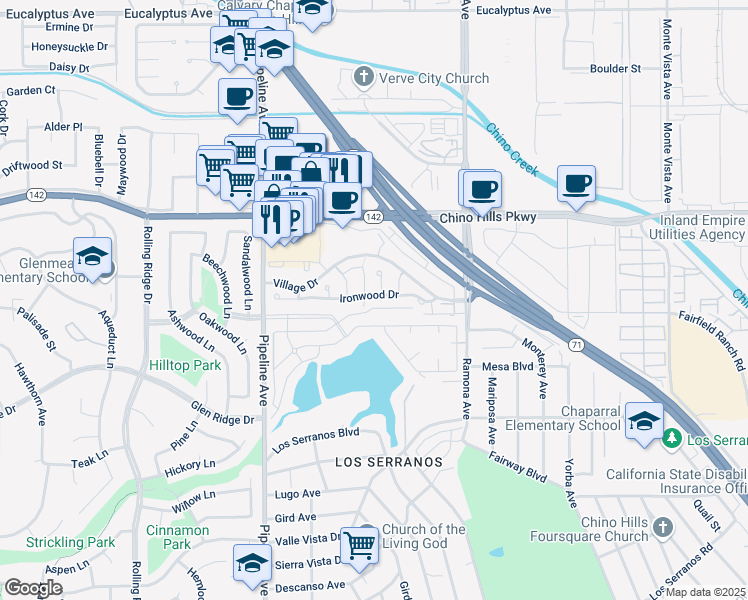 map of restaurants, bars, coffee shops, grocery stores, and more near 4313 Ironwood Drive in Chino Hills