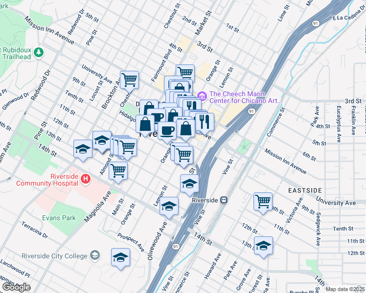 map of restaurants, bars, coffee shops, grocery stores, and more near 3929 Lemon Street in Riverside