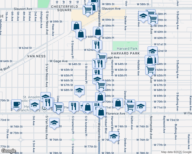 map of restaurants, bars, coffee shops, grocery stores, and more near 1814 West 65th Place in Los Angeles