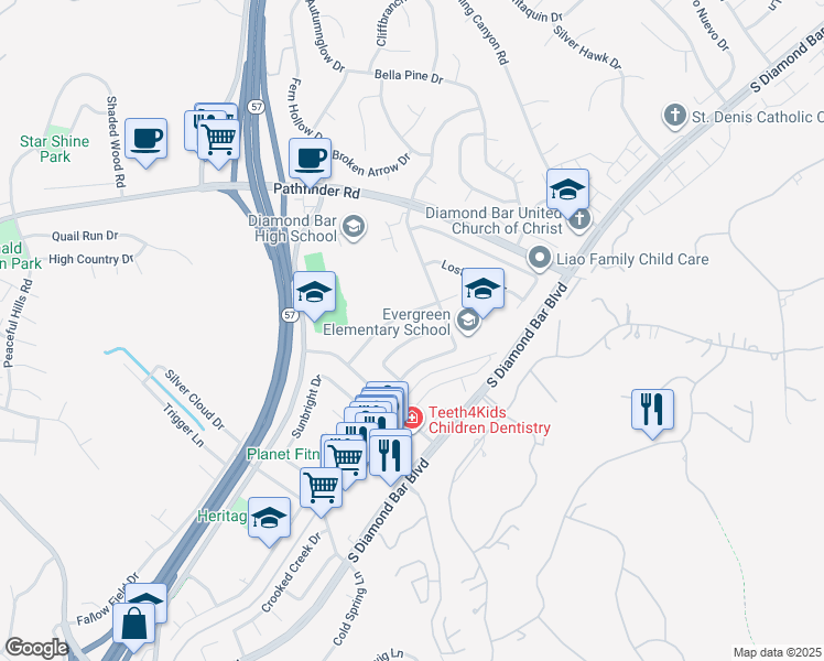 map of restaurants, bars, coffee shops, grocery stores, and more near 2463 Harmony Hill Drive in Diamond Bar
