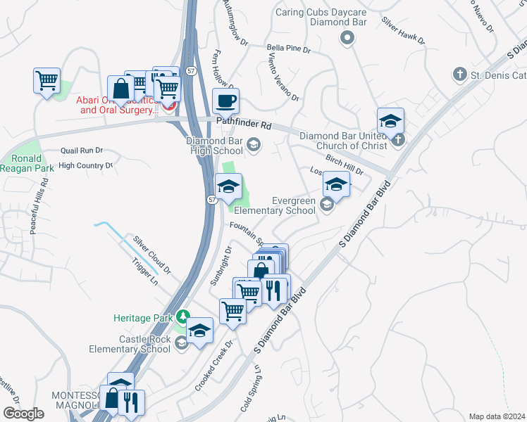 map of restaurants, bars, coffee shops, grocery stores, and more near 2523 Sunbright Drive in Diamond Bar