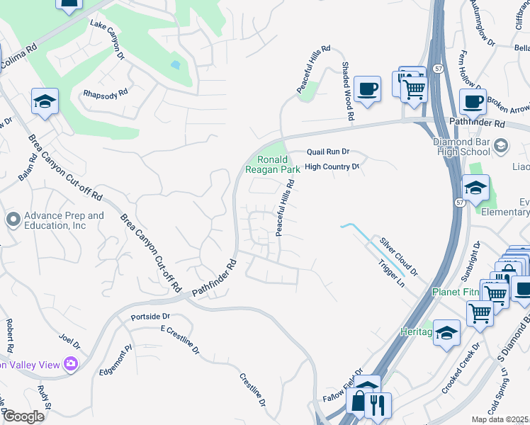 map of restaurants, bars, coffee shops, grocery stores, and more near 20783 East Crest Lane in Walnut