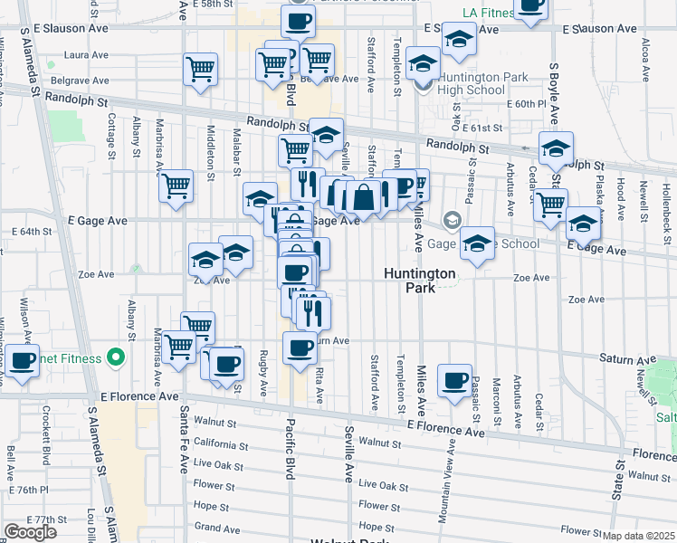 map of restaurants, bars, coffee shops, grocery stores, and more near 6538 Seville Avenue in Huntington Park
